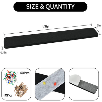 Vuzvuv 8 pcs Bulletin Board Bar Strips with 50 Pushpins & 10 Wooden Clip pins，Self Adhesive Cork Board for Wall，Felt Pin Board for School，Office Decor（Black White Grey）