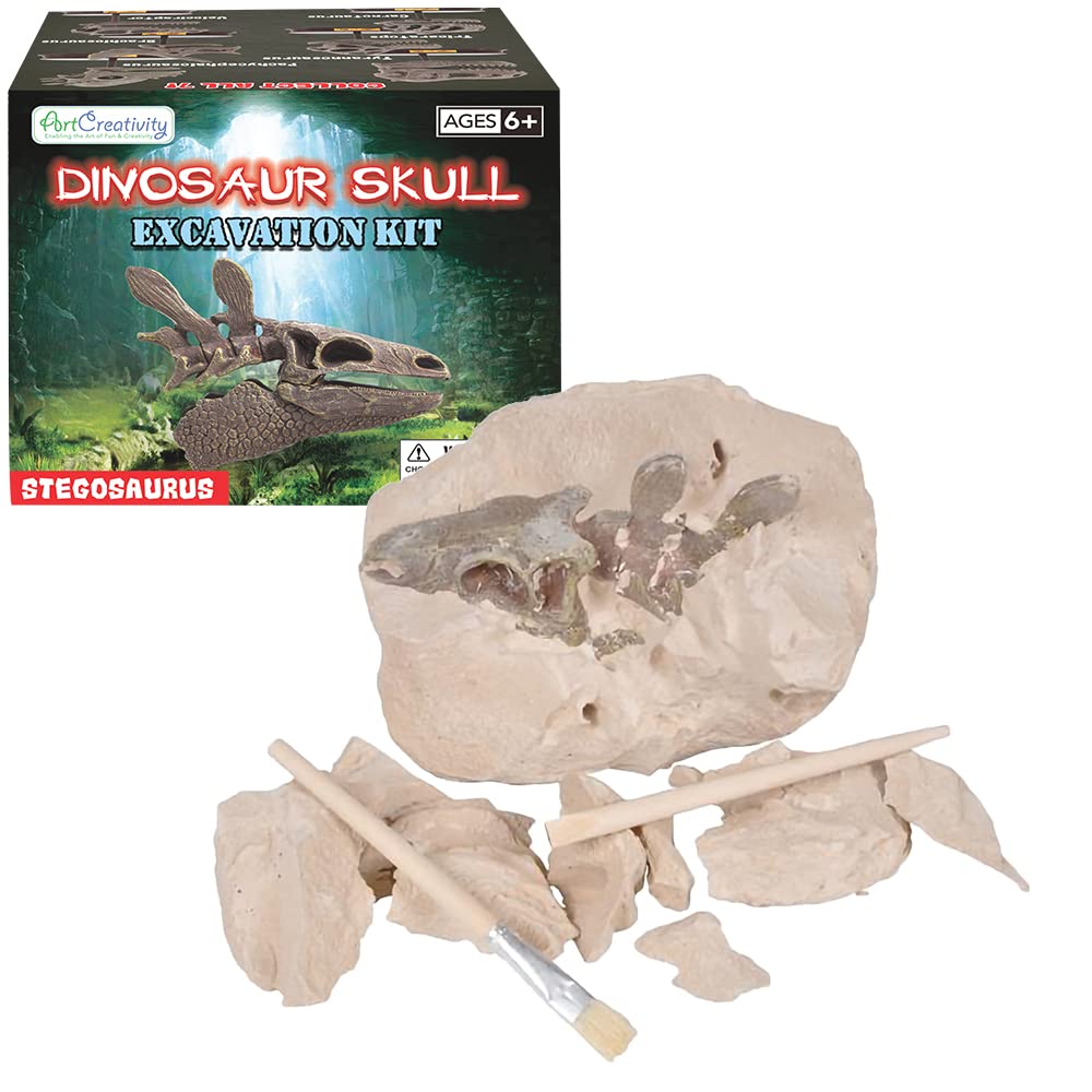ArtCreativity Dinosaur Excavation Kit for Kids, 5.5” Stegosaurus Skull Excavating Set with Fossil Digging Tools and Stand, Fun Science Activity Toy, Educational Dinosaur Gift for Boys and Girls