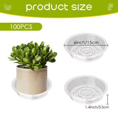 Hyuetrsa Plastic Plant Saucers 100 Pack of 6 Inch Clear Plant Water Trays Durable Plastic Flower Pot Saucers Plant Drip Trays Suitable for Indoor and Outdoor Plants（Clear）