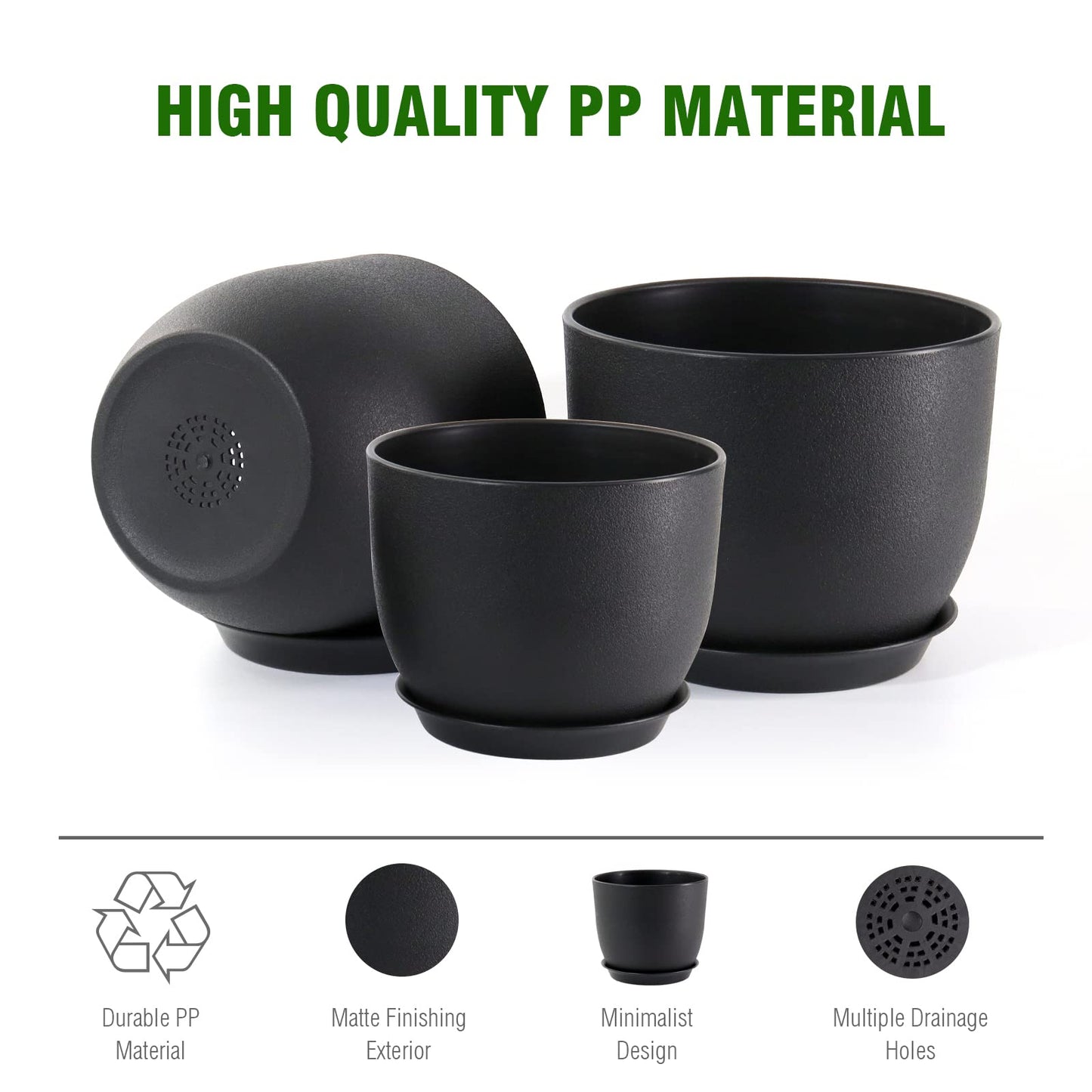 WSMKSZ 12/10/9 inch Big Flower Pots, 3 Pack Modern Decorative Plastic Planters with Drainage Holes and Tray, Plant Pots for Indoor Outdoor Plants, Black