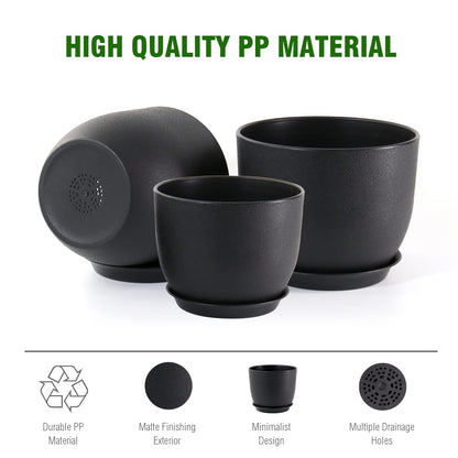 WSMKSZ 12/10/9 inch Big Flower Pots, 3 Pack Modern Decorative Plastic Planters with Drainage Holes and Tray, Plant Pots for Indoor Outdoor Plants, Black