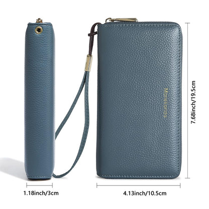 Fashionable long RFID leather women's wallet, large capacity multi slot phone case, zipper closure, detachable wrist strap, hand-held wallet (Light Blue)