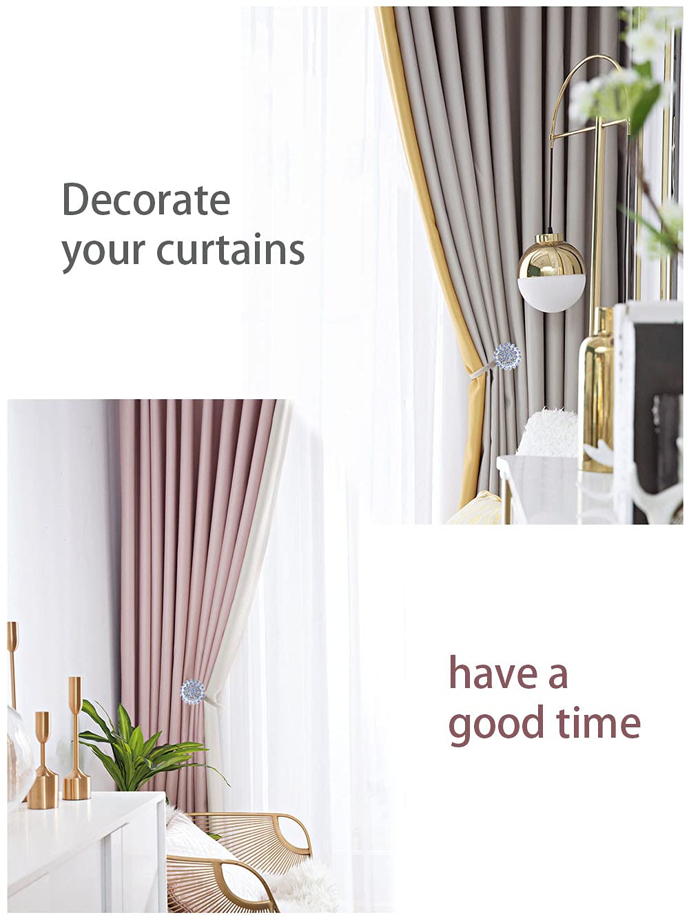 Magnetic Tiebacks for Curtains, 2 Pack Sparkling Crystal Flower Curtain Tiebacks Curtain Buckle Clips with High-Elastic Spring Wire for Home Office Decoration (White)
