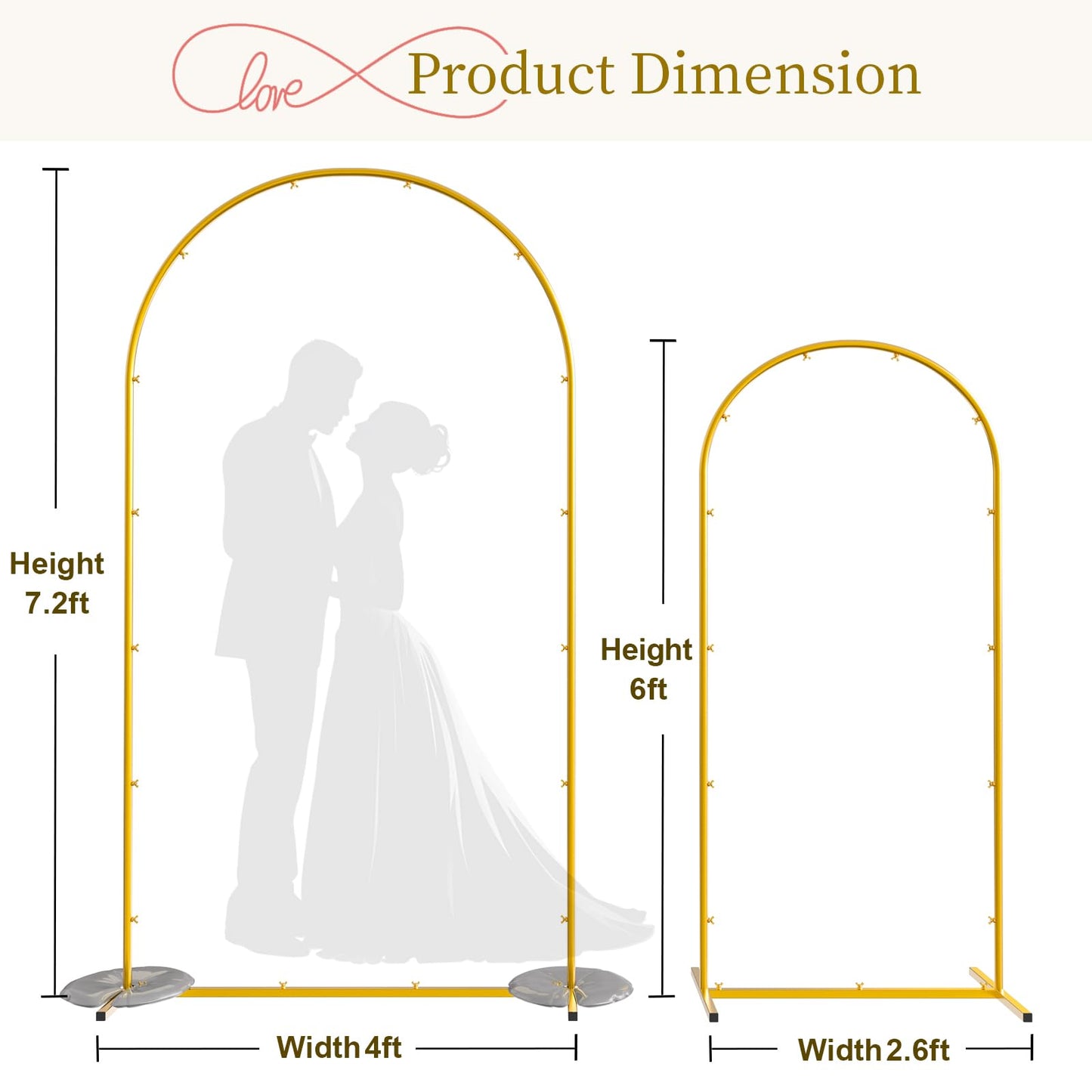 Snughome Arch Backdrop Stand, Set of 2 Metal Balloon Arch Stand (7.2FT+6FT), Gold Wedding Arch Frame for Party, Baby Shower, Holiday, Ideal for Balloon Flower