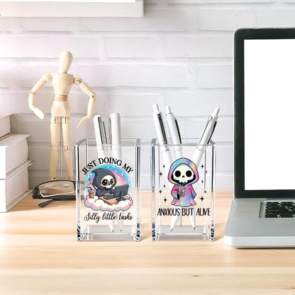 Vgrti Anxious But Alive Just Doing My Silly Little Tasks Acrylic Pen Holder Cup Set 2, Cute Pencil Holder Desk Organizer, Funny Skeleton Desk Decor, Office Sarcastic Gifts for Women Men Adult Coworker