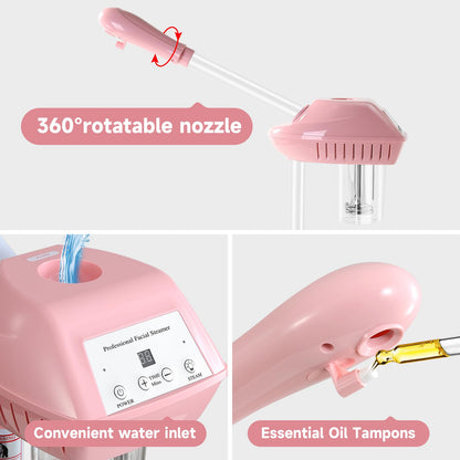 Professional Facial Steamer, 2In1 Face Steamer on Wheels for Facial Deep Cleaning, SPA Facial Steamer for Esthetician with 5X Magnifying Lamp, Stand Face Steamer with Time Setting, Pink