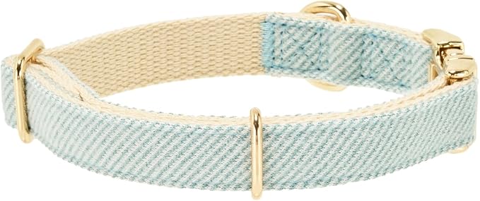 Luxury Soft Cotton Tweed Fabric Dog Collar & Leash Set with Gold Buckle – Durable Fabric, Stylish Design for Everyday Walks(Medium LtBlue)
