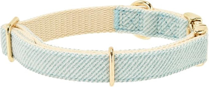 Luxury Soft Cotton Tweed Fabric Dog Collar & Leash Set with Gold Buckle – Durable Fabric, Stylish Design for Everyday Walks(Small LtBlue)