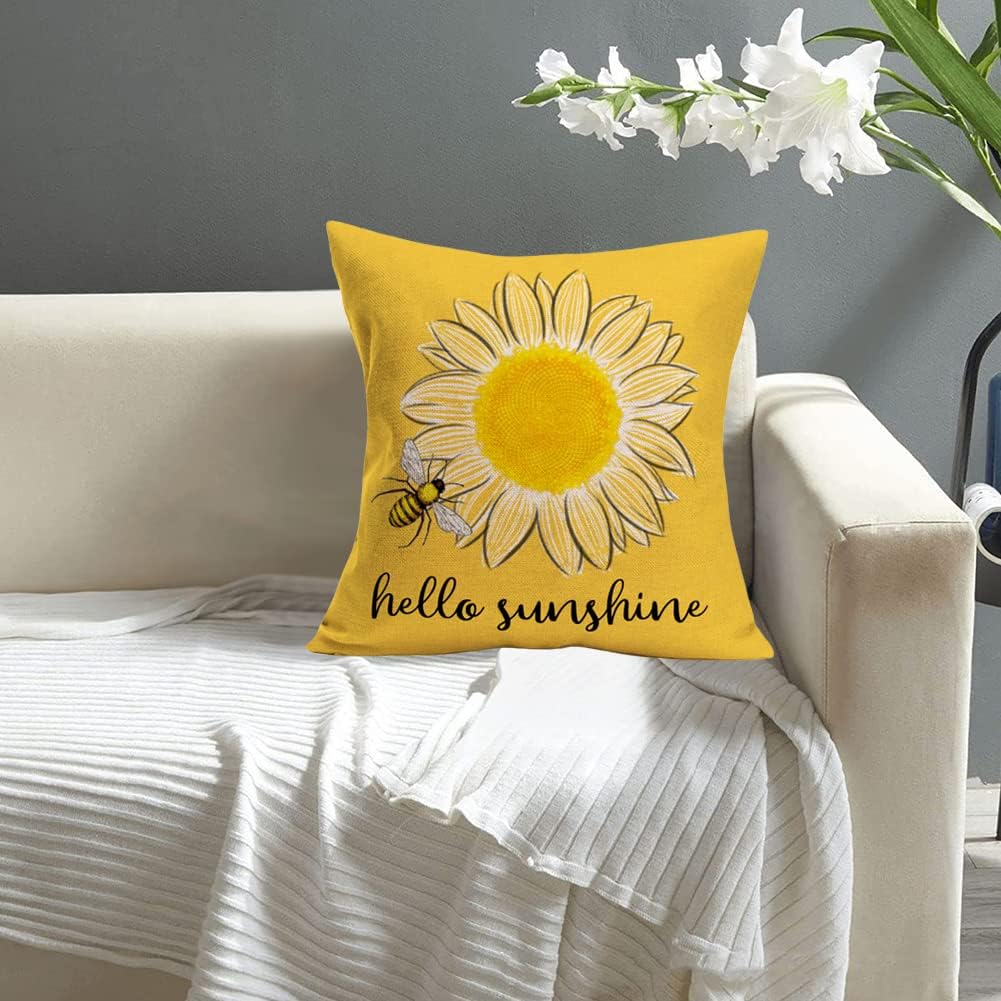 Qinqingo Hello Sunshine Summer Decorative Throw Pillow Covers Sunflower Bee Farmhouse Yellow Square Pillow Coves for Outdoor Patio Sofa Bedroom Car 24x24 Inch