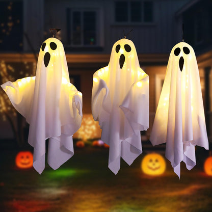 TUSAUW 3Packs Halloween Light Up Hanging Ghost Halloween Ghost Decorations with LED Light Spooky Ghost Ornaments for Home Tree Garden Yard Party Décor and Holiday Decorations(White)