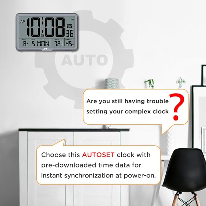 WallarGe Auto Set Digital Wall Clock Battery Operated, Desk Clocks with Temperature, Humidity and Date, Large Display Digital Calendar Alarm Clock for Elderly, Bedroom, Office, 8 Time Zone, Auto DST.