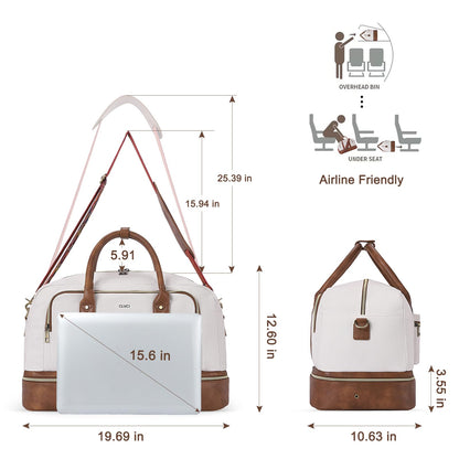 CLUCI Duffle Bag Weekender Bags for Women Canvas Anti Theft Travel Bag for Women Overnight Tote Carry On Bags with Shoe Compartment White with Brown
