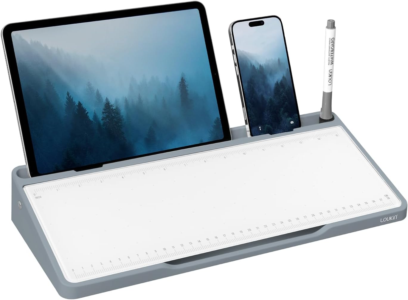 LOUKIN Glass Desktop Whiteboard, 15.3" x 5.6" Dry Erase Desk Board with Dotted and Graduated Surface, Desktop Buddy, Great for Design and Drawing, 3 Markers and 1 Dry Erase Eraser Included (Grey)