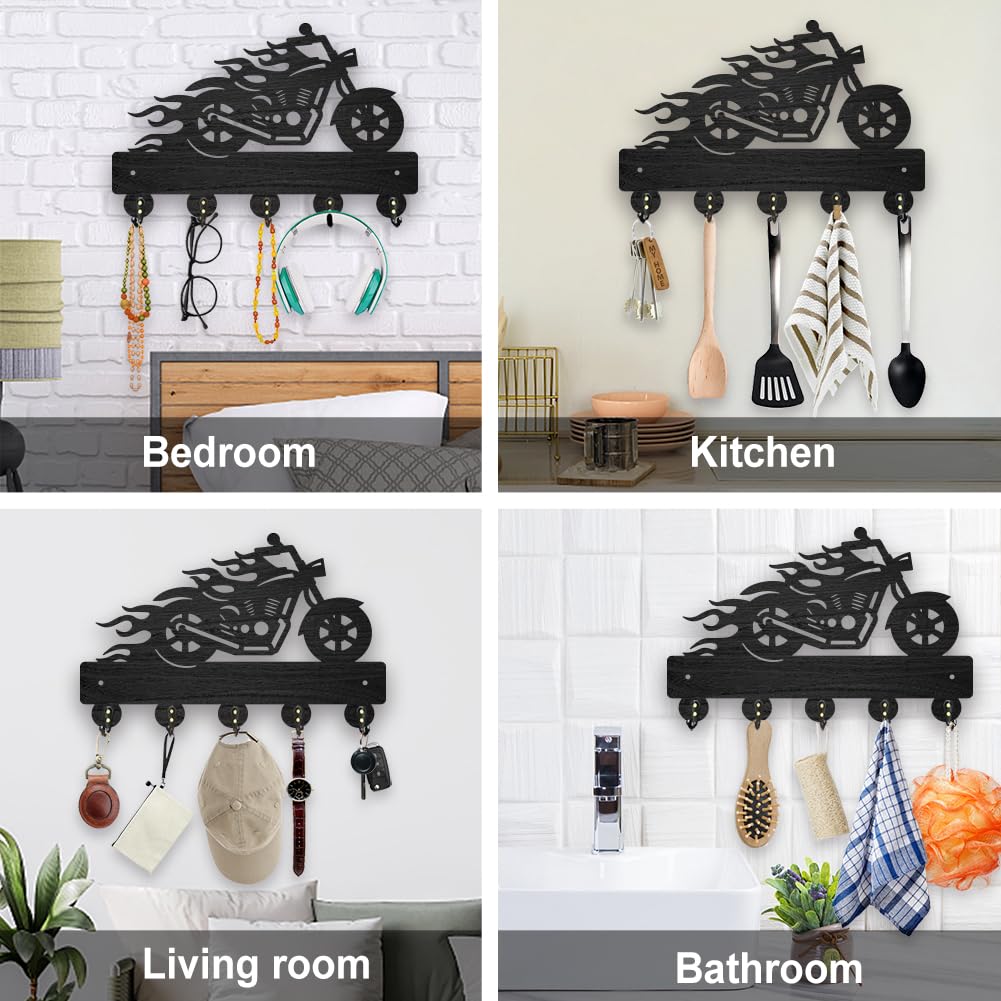 MAYJOYDIY Wood Motorcycle Flame Coat Hooks Motorbike Fire Key Holder for Wall 11.8×7.9inch Black Key Hooks Rack 5 Alloy Hooks Home Decor Gifts Entryway Kitchen Bathroom Storage Organizer