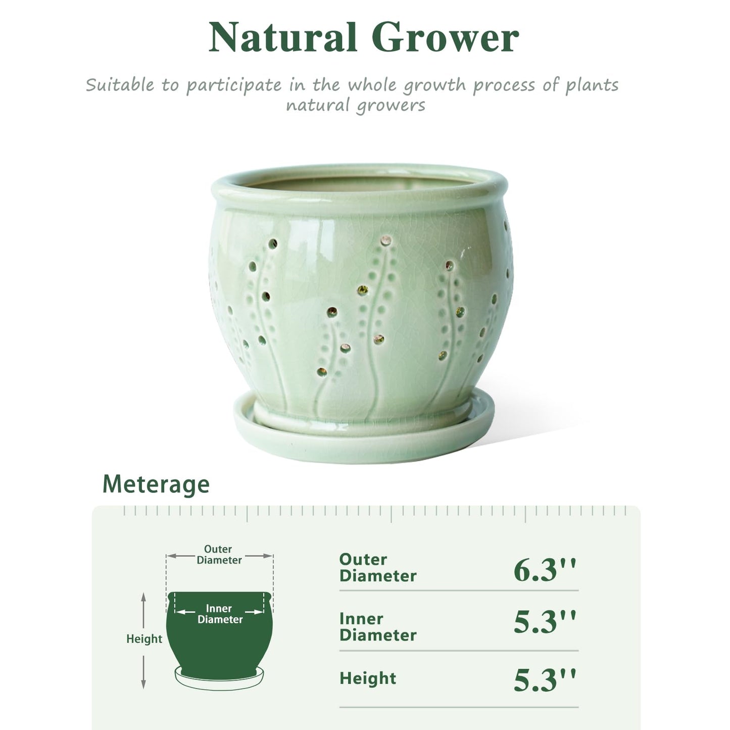 Ceramic Orchid Pot 6.3 Inch, Orchid Pots with Holes, Large Plant Pot for Repotting, Ventilation Holes Breathable for Roots, Durable Ice-Cracked Glaze Ceramic Planter Pot (Grass Green)
