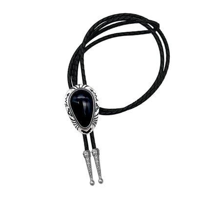 QUKE Black Stone Bolo Tie Native Western Cowboy Hand-woven Leather Bola Tie Necktie for Men Women
