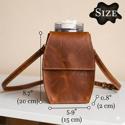 Leather Crossbody Bottle Bag – Genuine Leather Water Bottle Holder with Adjustable Strap, Slim Travel Drink Carrier Pouch for Walking, Hiking & Festivals (Bottle Not Included), Warm Brown