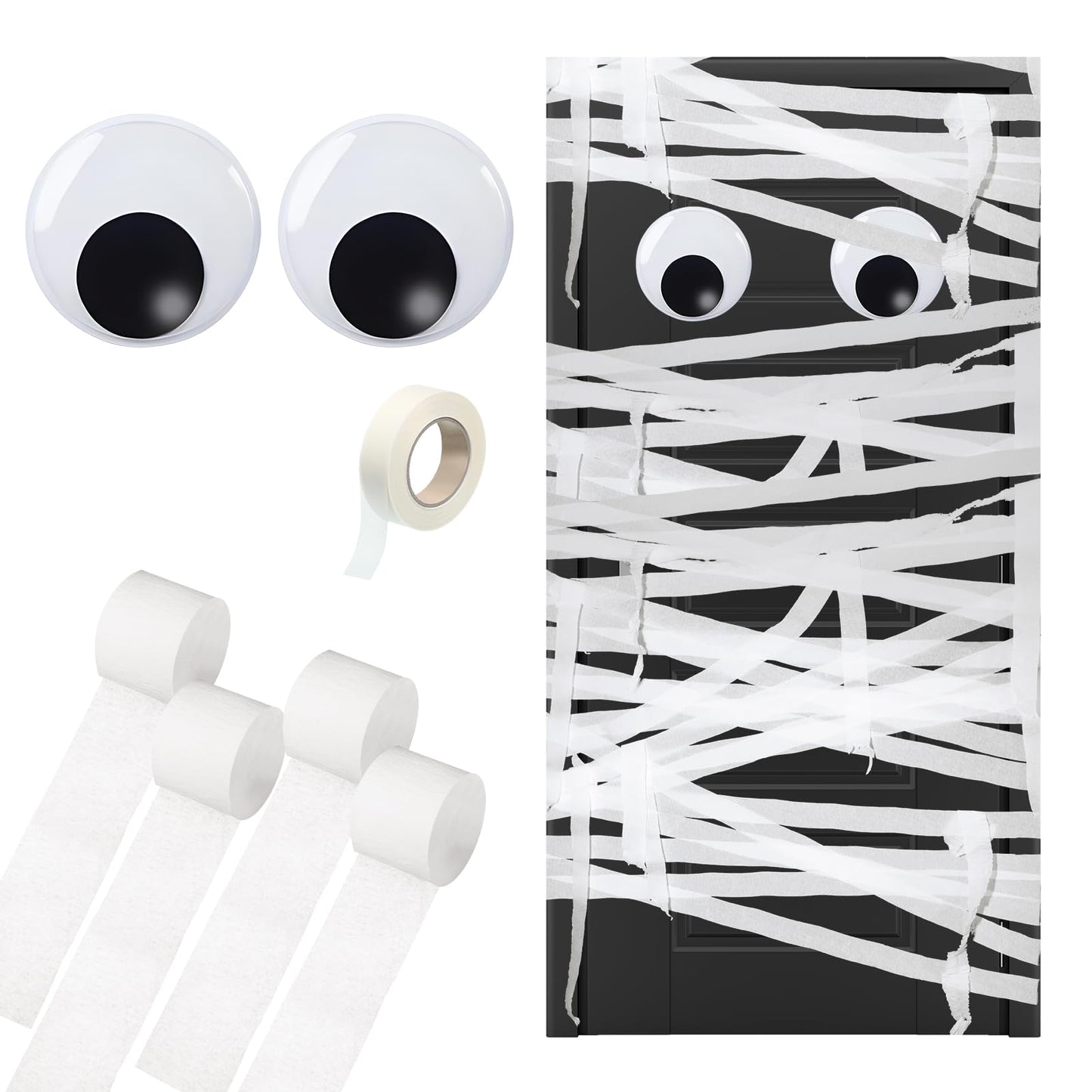 WinnerWhy Halloween Mummy Decorating Kit with Large Googly Eyes Crepe Paper Streamers and Masking Tape for Halloween Party Door DIY Decor(White,Non-luminous)