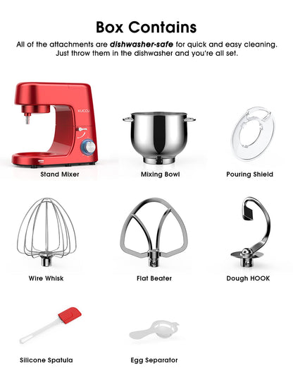 9.5 QT Double Handle KUCCU Stand Mixer, 6 Speed with Pulse Electric Kitchen Mixer, 660W Tilt-Head Food Mixer with Dishwasher-Safe Dough Hook, Flat Beater, Whisk, Splash Guard for home baking (Silver)