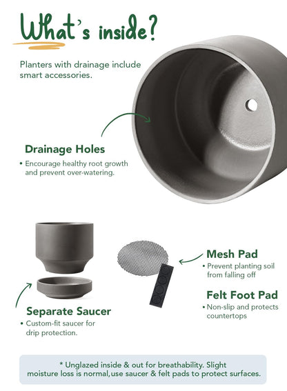 LE TAUCI 12 Inch Pot for Plants with Saucer, Ceramic Indoor Planter Pot with Drainage Hole, Mesh Pad Included, Unglazed Porous Ceramic, Modern for Home and Office, Charcoal Gray