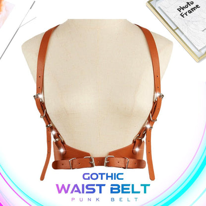 CLOACE Punk Waist Belt Gothic Black Leather Wide Waist Belts Elastic Cosplay Halloween Body Chain Accessory for Women (brown)