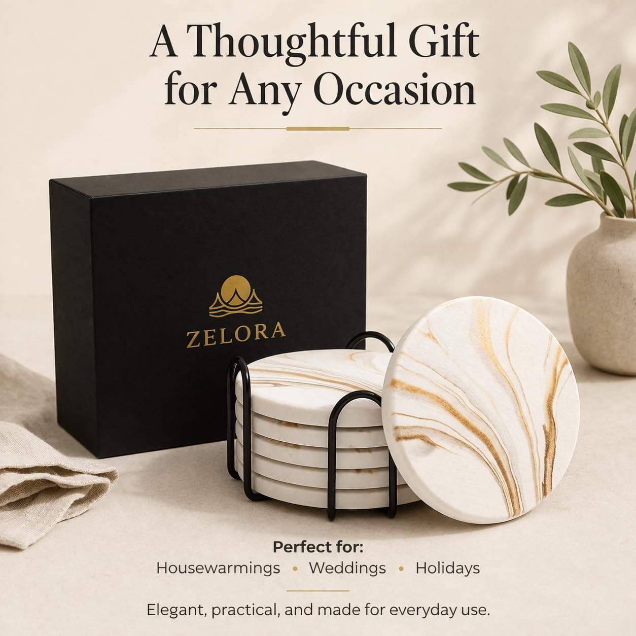 Zelora Absorbent Stone Coasters Set of 6 with Holder – Diatomite Drink Coasters for Cups & Table Protection, Modern Coffee Table, Office Desk & Bar Decor, Outdoor Patio Use, Gift-Ready