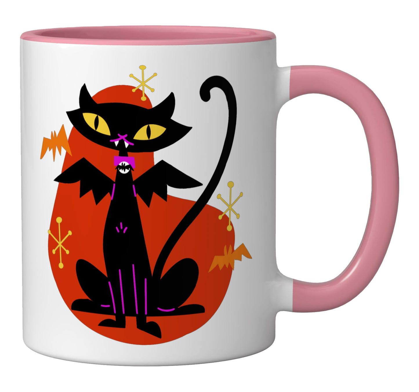 Vampire Black Cat w/Bat Wings Atomic Age Mid Century Retro Ceramic Mug, Pink/White