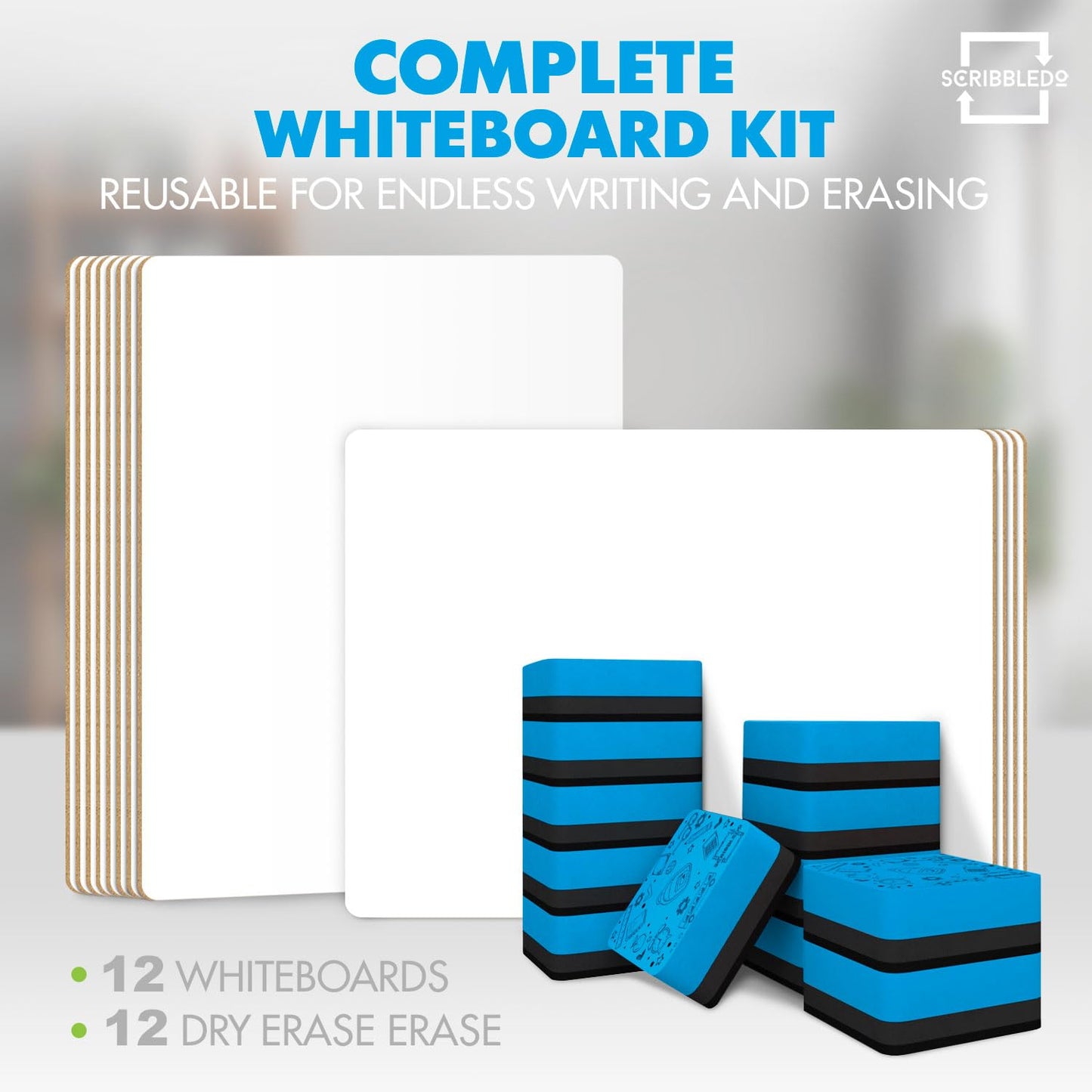 Set of 12 Small White Board Dry Erase Boards Classroom Pack Mini White Boards 9"x12” Double Sided Personal Whiteboards for Students Teachers School Supplies Lapboards l 12 Mini Whiteboard Erasers Incl