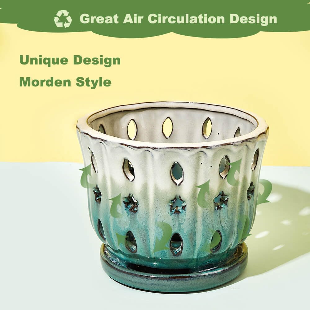 NiSevenLiving Orchid Pots with Holes Attached Saucers 6 Inches - 1 Pcs Small Ceramic Pots for Repotting, Decorative Ceramic Orchid Planter with Hole for Healthy Root Growth White Over Green