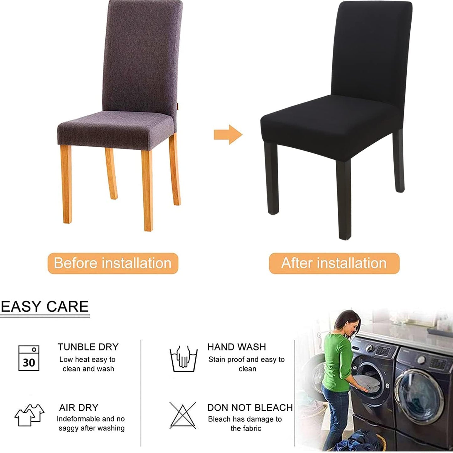 DLMWELL Stretch Chair Covers Slipcovers Set of 6 Black Stretchable Dining Chair Slipcover Washable Removable for Kitchen,Hotel,Restaurant
