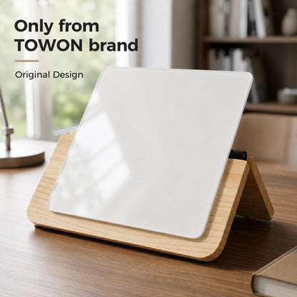 TOWON Glass Desktop Whiteboard with Solid Wood Stand - Foldable Mini Dry Erase Board for Desk - 2-in-1 Tabletop & Hanging Memo Board for Office Decor, Magnetic, White and Square