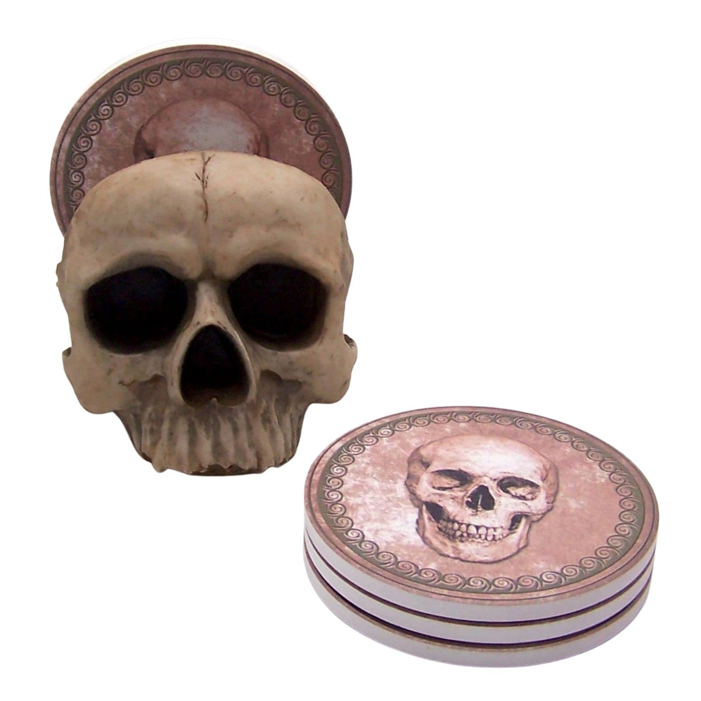 Wowser Gothic Kitchen & Bar Decor- Skull Engraved Coaster Set with Holder, 4.5 Inches, Set of 4