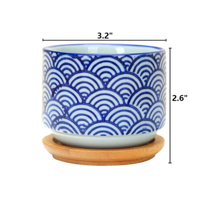 GeLive 3 Inch Ceramic Succulent Planter, Cactus Plant Pot, Flower Container with Bamboo Drip Tray, Indoor Outdoor, Set of 2 (Wave and Blue Flower)