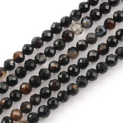 Song Xi 90pcs 4mm Natural Black Striped Agate Gemstone Beads Faceted Round Loose Stone Beads for Jewelry Making (1 Strand)