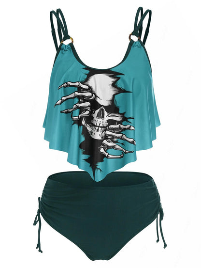 DRESSFO Women's Skeleton Skull Tankini Bikini Set – O Ring Asymmetric Swimsuit Dark Turquoise