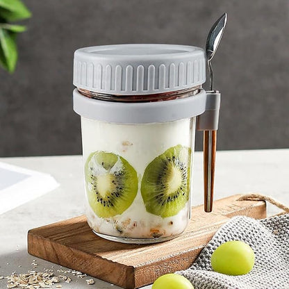 Overnight Oats Container - Yogurt Oatmeal Glass Canning with Lids and Spoon, 10 oz Cereals, Milk, Fruit Salad, with Measurement Marks (White+grey)