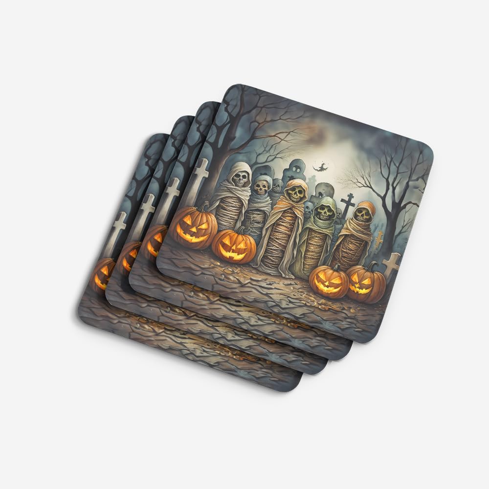 Caroline's Treasures Mummies Spooky Halloween Foam Coaster Set of 4 Cup Coasters for Indoor and Outdoor, Coaster for Tabletop Protection, Anti Slip, Mouse pad Material