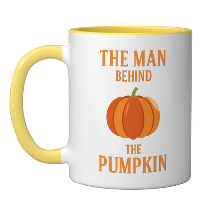 The Man Behind The Pumpkin Dad Halloween Pregnancy Announce Ceramic Mug, Yellow/White