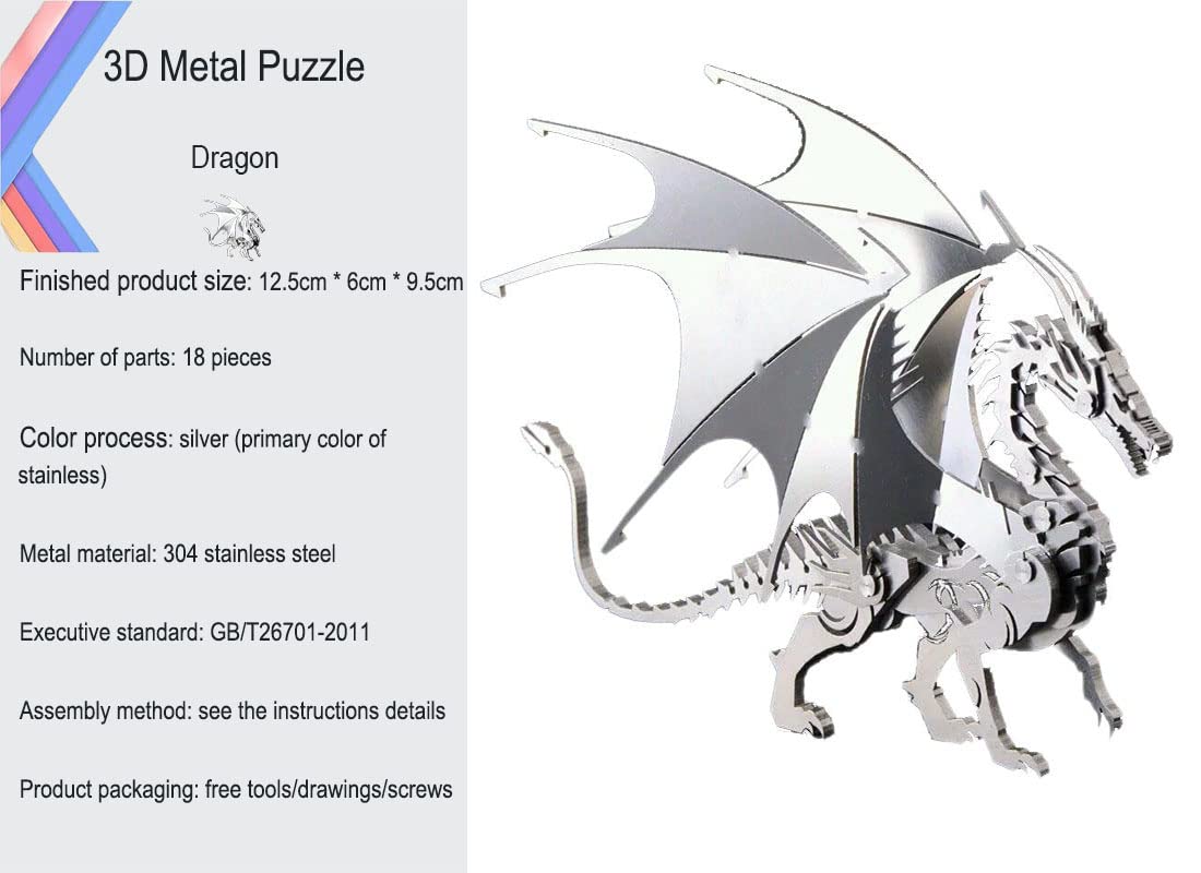 3D Metal Model Kits, Mechanical Fire Breathing Dragon 3D Metal Puzzle,Steel Warcraft Collection DIY Animal Brain Teasers Simple 3D Puzzles Home Decor Art Craft Gifts Toys for Adult