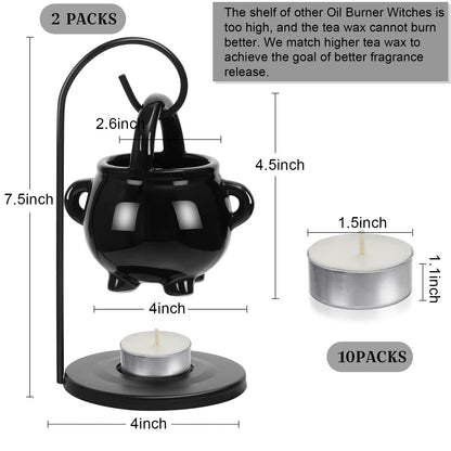 2 Pcs Hanging Pagan Cauldron Oil Burner, Cauldron Wax Warmer Diffuser with Handle 10 Pcs White Tea Lights Candles Witch Decor for Home Wax Melts Christmas Gothic