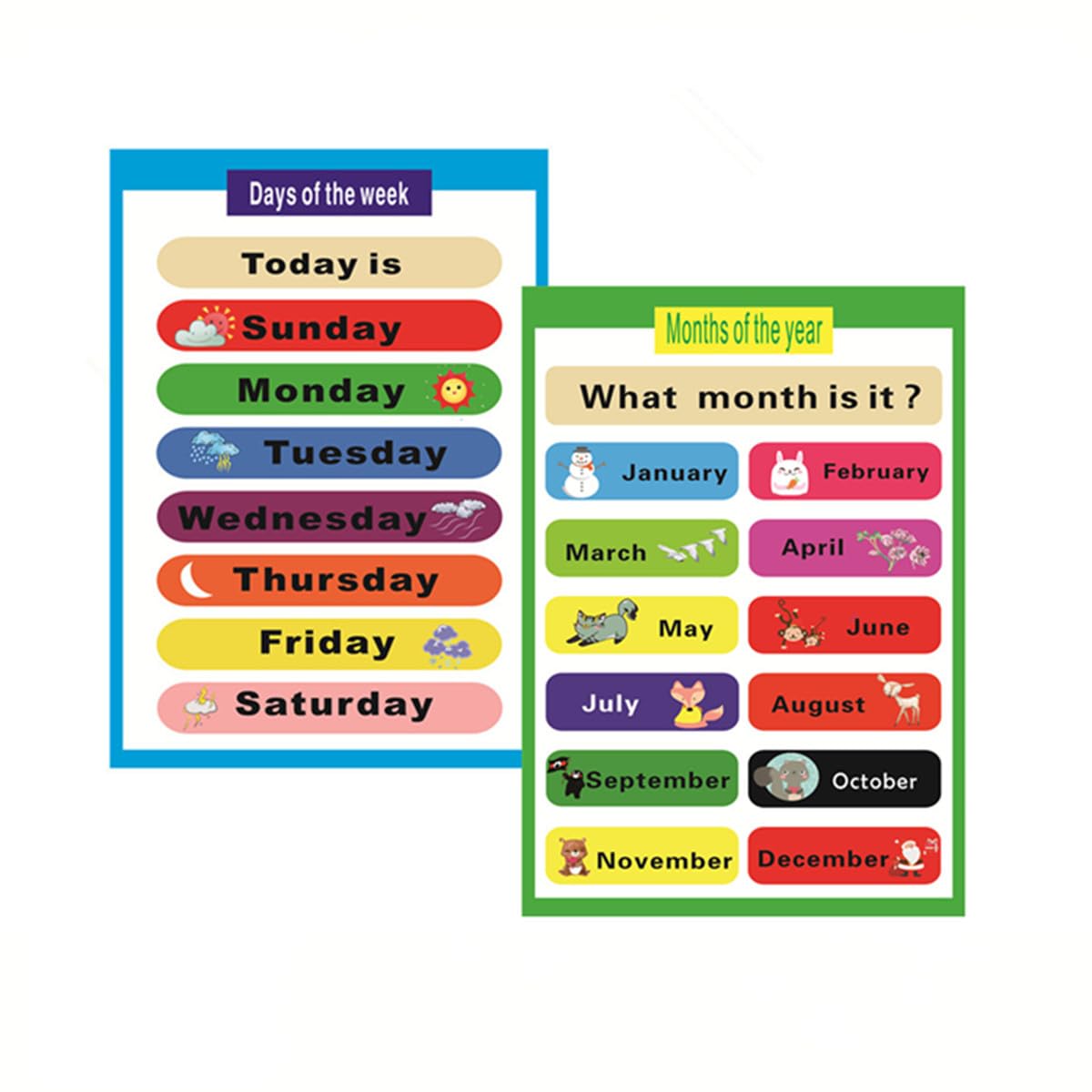 SANTSUN 2 Pieces of Set Educational Preschool Poster for Toddlers and Kids | Great for Nursery Homeschool Kind Classroom decorations | Months of The Year & Days of The Week Poster Chart(17x24in)