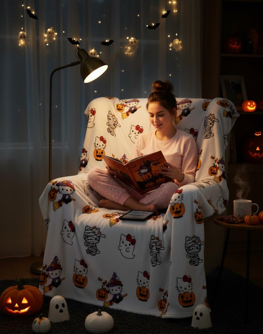 Jay Franco Halloween Plush Throw Blanket – 50x70 Inch Ultra Soft & Comfy Fleece Throw for Couch, Sofa, Bed – Cozy Home Décor for Living Room & Bedroom, White - Hello Kitty