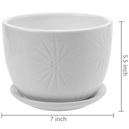 MyGift 7 Inch Round White Ceramic Plant Pot with Drainage Hole and Attached Saucer, Modern Decorative Embossed Sunburst Planter Container for Indoor Home Garden