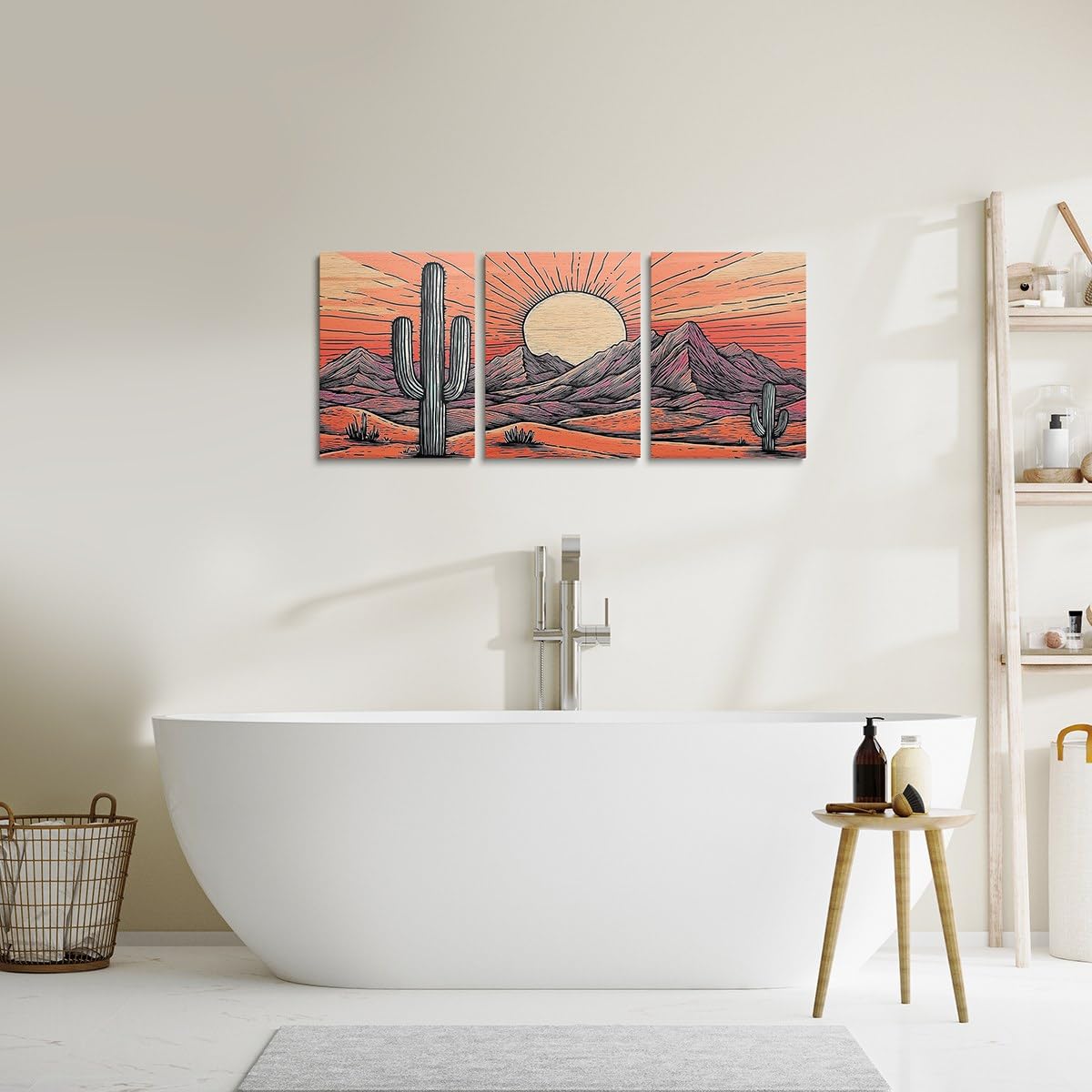 jejeloiu Cactus Canvas Wall Art for Living Room Bedroom 12"x16"x3pcs Boho Succulent Picture Wall Decor for Bathroom Western Mountain Sun Office Decorations Artwork Posters Nature Landscape Painting