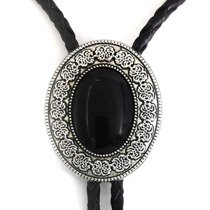 LAXPICOL Vintage Western Cowboy Oval Celtic Black Stone Bolo Tie For Men Native American Retro Bola Tie Necktie