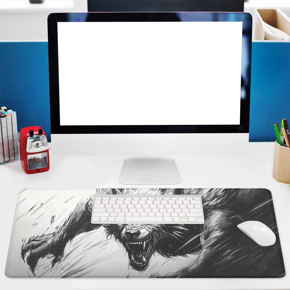 Werewolf Mouse Pad Wolf Howling Fantasy Black White Anime Extended Mousepad Waterproof Stitched Edges Rubber Base Non-Slip Deskmap Computer Keyboard Mat 31.5x11.8 in