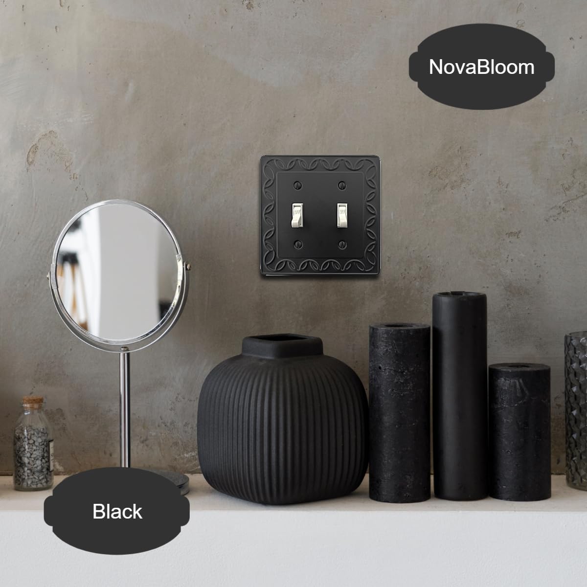 OKAWYC Double Toggle Light Switch Cover NovaBloom Metal Wall Plate, 2-Pack Black 2 Gang, Light Switch Cover Decorative Wallplate, Durable