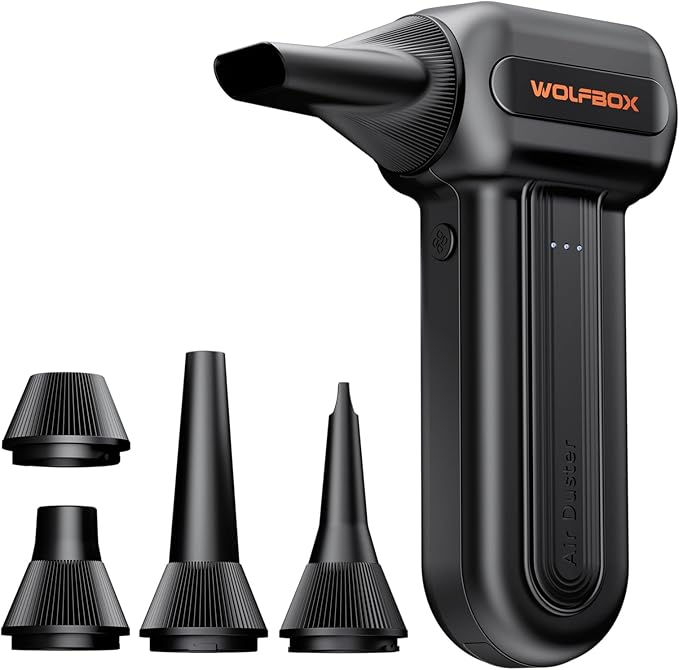 WOLFBOX MF60 Compressed Air Duster-110000RPM Super Power Electric Air Duster, 3-Speed Adjustable Rechargeable Cordless Air Blower with Fast Charging for PC Keyboard Cleaning, Car, Home, 5 Nozzle