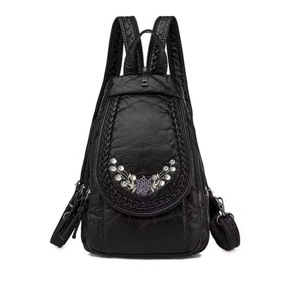 HUAZHIMAO Mini Backpack for Women, Soft Washed PU Leather Small Backpack Purse for Women, Waterproof Fashion Shoulder Bag, Ladies Travel Black Rucksack Handbags Bags with Beautiful Flower Pattern