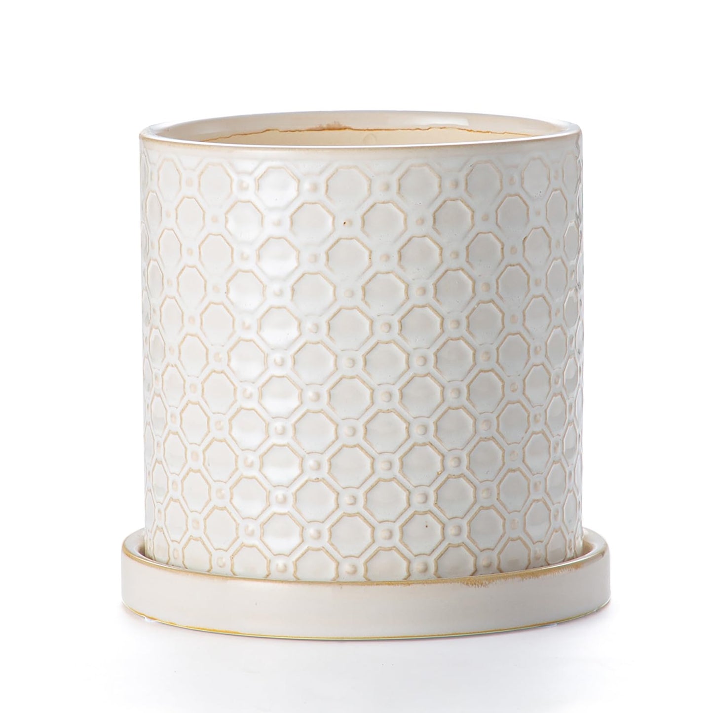 Chubacoo 6 Inch Plant Pot: Ceramic Planter with Drainage Hole & Saucer Indoor Outdoor Plants - Cylinder Round Flower Pot for Home Office - Modern Decorative - Small White